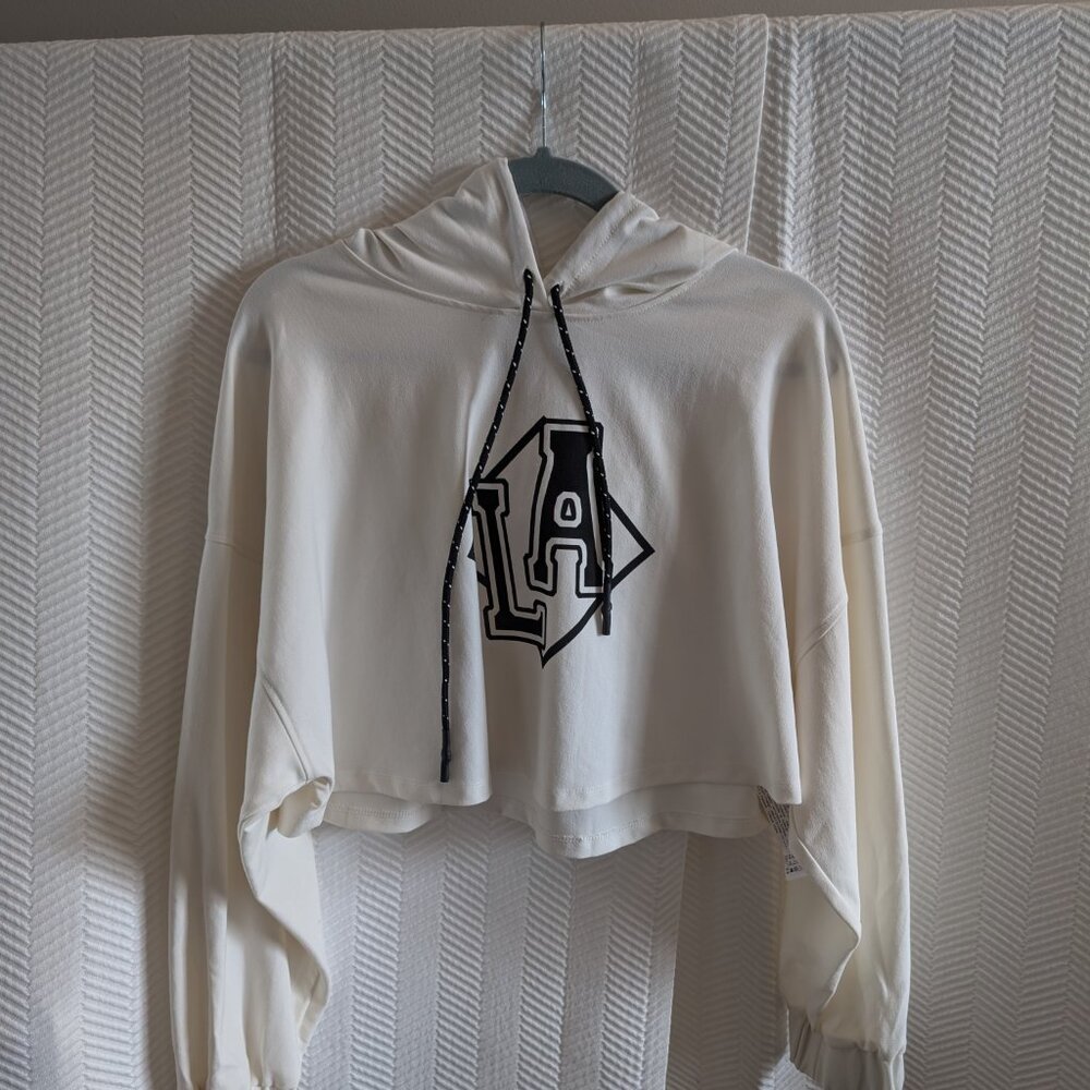 Zara Cropped Hoodie LA Graphic Off-White Cream & Black Size Large Sporty Casual